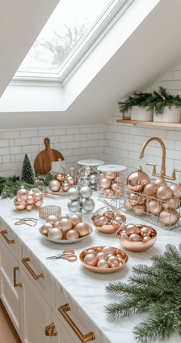 A beautifully organized Christmas ornament arrangement process on a marble kitchen island, featuring various metallic ornaments in matte gold, brushed silver, rose gold, and copper, with styling tools, fresh evergreen branches, and high-end storage boxes under bright natural lighting.