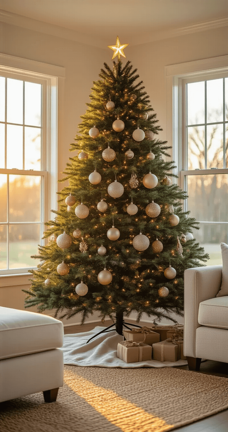 A beautifully styled 8-foot Fraser fir Christmas tree, adorned with a variety of ornaments in a neutral living room, is backlit by warm sunset light. The tree is the focal point, surrounded by a linen sectional and jute rug, with soft fill lighting from a floor lamp gently illuminating the scene.