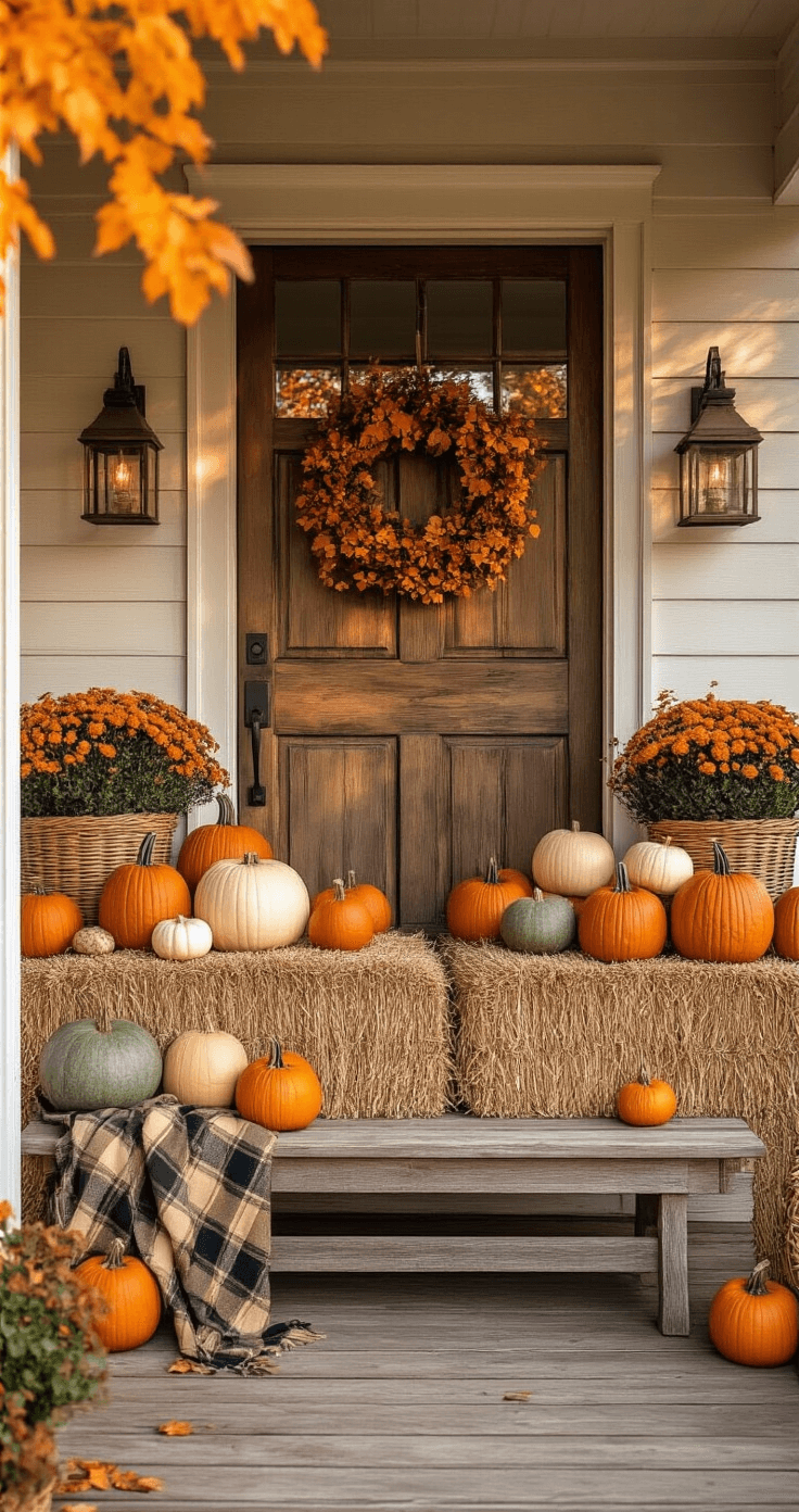 Transforming Your Outdoor Space: A Cozy Fall Decor Guide A cozy front porch at golden hour, featuring a rustic wooden door surrounded by symmetrical arrangements of pumpkins in burnt orange, cream, and sage green, with hay bales displaying real and faux pumpkins, woven baskets of gourds, burlap ribbon, and a plaid throw on a vintage bench, all bathed in warm amber light.