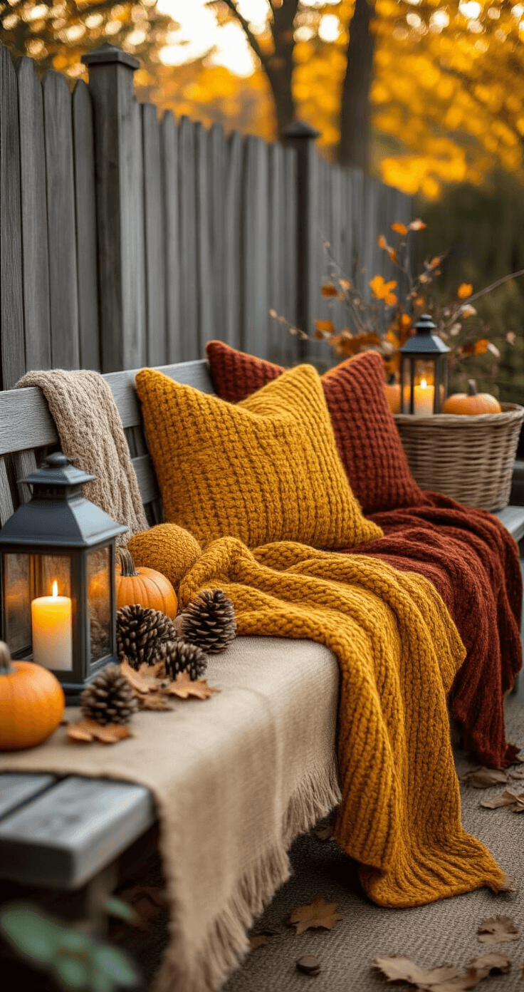 Transforming Your Outdoor Space: A Cozy Fall Decor Guide An intimate outdoor seating area in late afternoon, featuring a rustic wooden bench with chunky knit throw blankets in mustard yellow and deep rust, vintage lanterns with flickering LED candles, scattered pinecones and dried oak leaves, burlap table runners with woven basket arrangements of mini pumpkins and seasonal branches, against a backdrop of weathered fence panels and golden autumn trees, all captured in warm natural lighting.