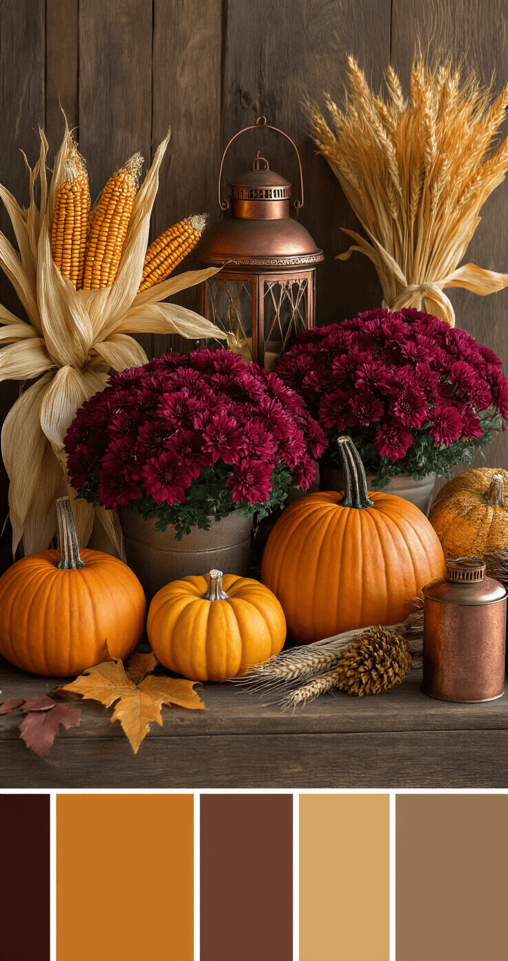 Transforming Your Outdoor Space: A Cozy Fall Decor Guide A carefully arranged autumn decor scene showcasing a warm color palette with burnt orange pumpkins, deep burgundy mums, mustard yellow accents, and copper lanterns, illuminated by soft morning light against a rustic wooden backdrop.