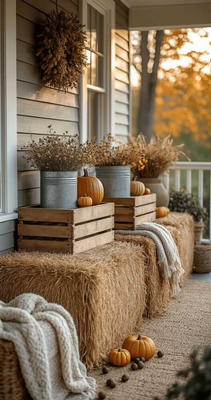 Transforming Your Outdoor Space: A Cozy Fall Decor Guide A beautifully styled porch transformation during golden hour, featuring layered decor with large hay bales, vintage wooden crates, galvanized metal containers, scattered acorns, mini gourds, and dried flowers, all highlighted by warm lighting that emphasizes texture and scale.