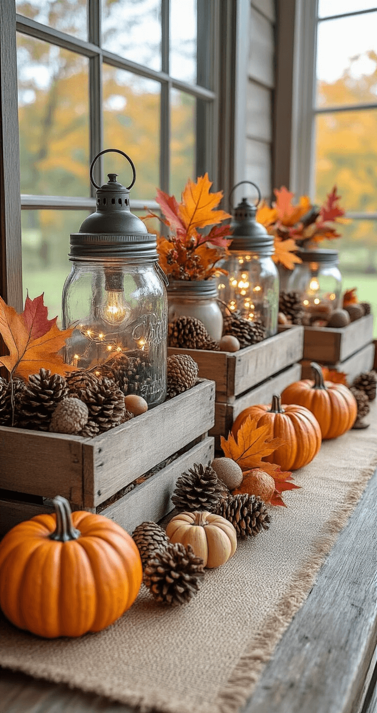 Transforming Your Outdoor Space: A Cozy Fall Decor Guide A rustic fall display featuring DIY decor from thrift store finds, including mason jar lanterns with string lights, vintage crates with pinecones and leaves, hand-painted pumpkins, and burlap table runners, all captured in natural daylight to highlight affordability and creativity.