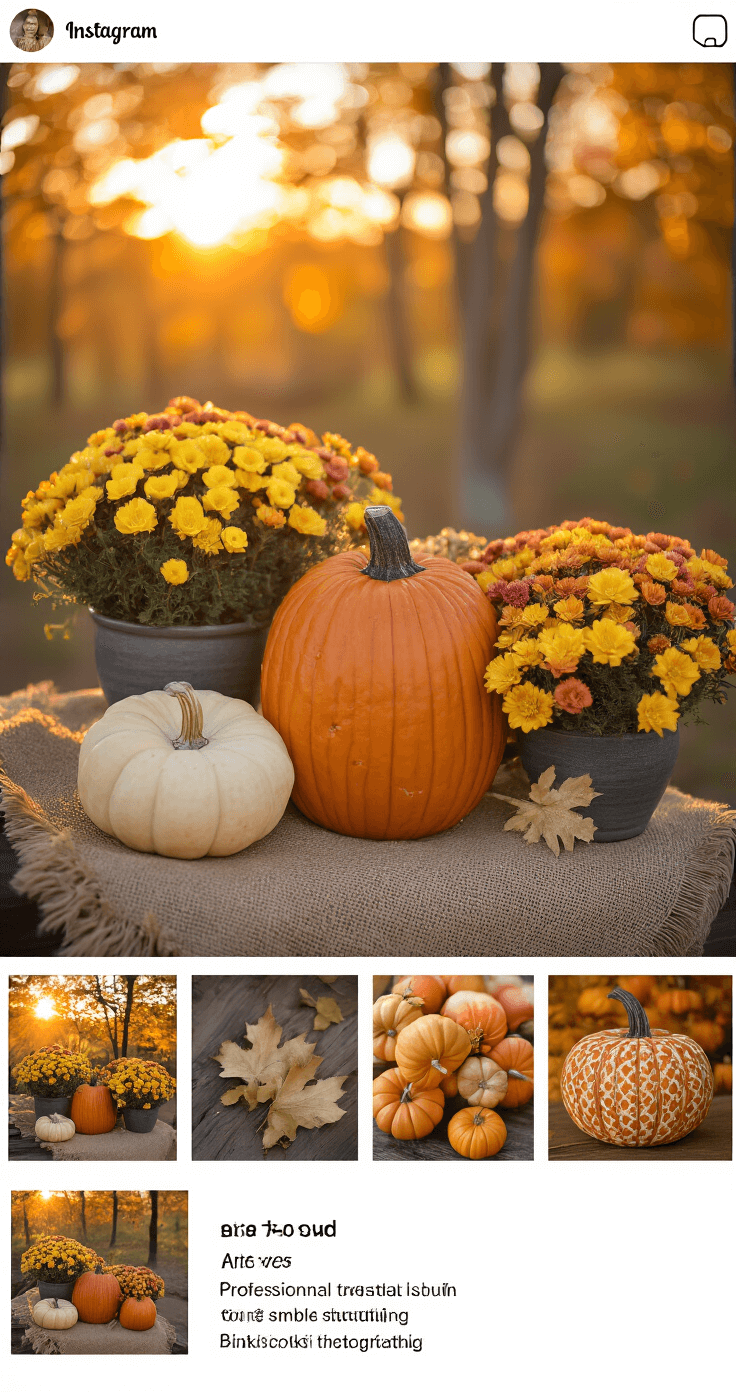 Transforming Your Outdoor Space: A Cozy Fall Decor Guide A beautifully staged autumn arrangement featuring pumpkins and mums, captured during golden hour with warm lighting and dramatic shadows, highlighting texture contrasts and strategic composition for social media appeal.