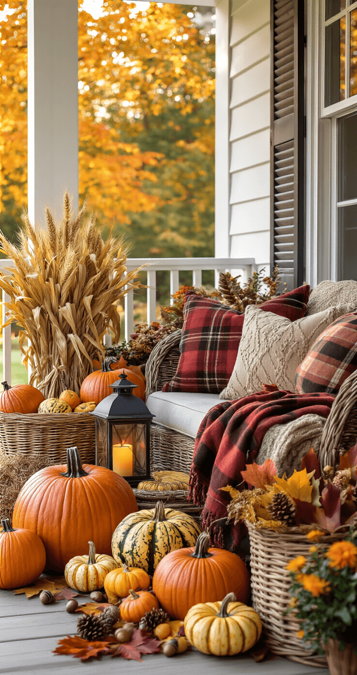 Transforming Your Outdoor Space: A Cozy Fall Decor Guide A cozy fall porch vignette featuring oversized pumpkins, vintage lanterns, plaid throws, and woven baskets filled with seasonal decorations, all illuminated by soft afternoon light in warm autumn colors.