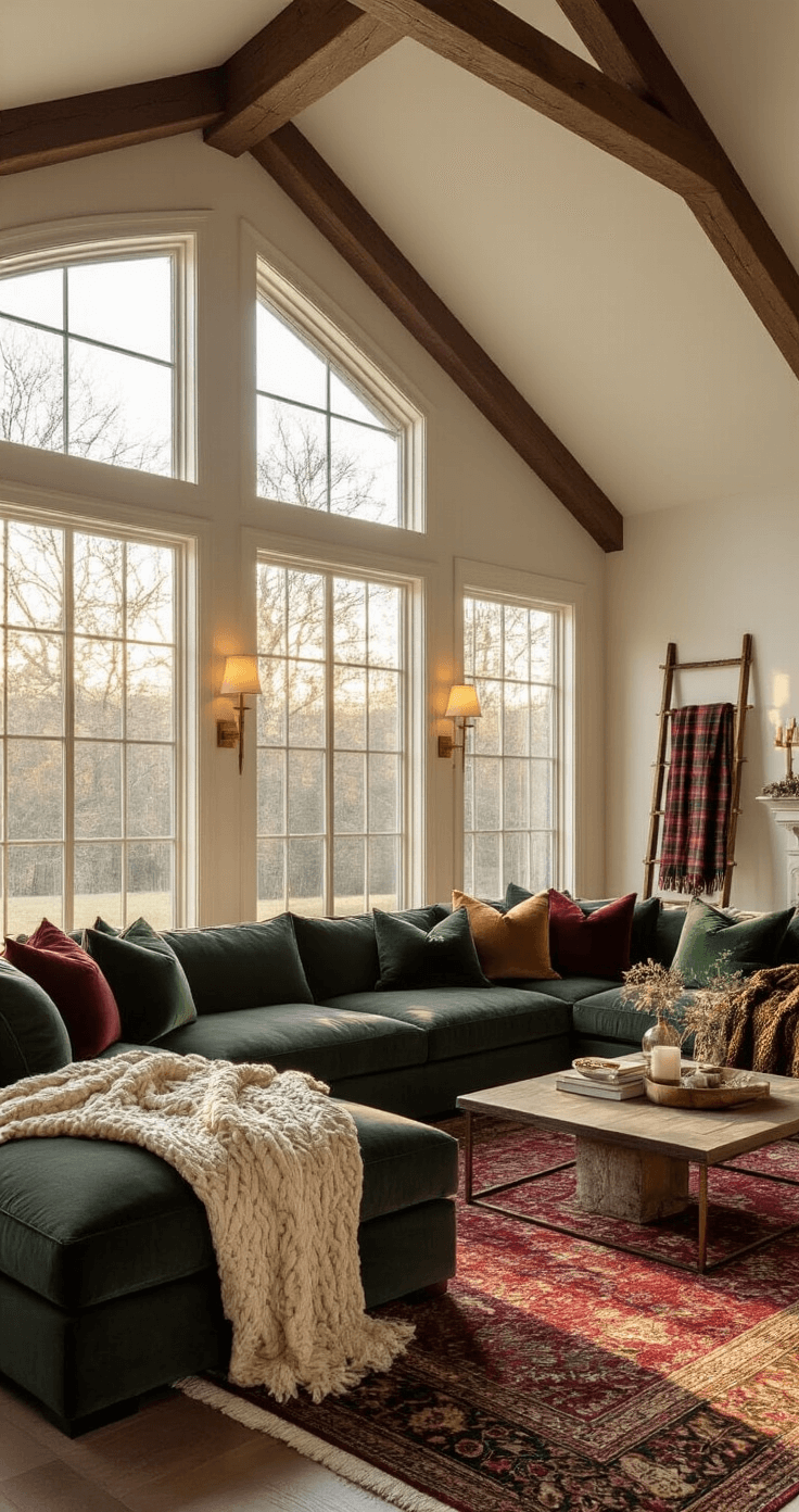 Magical Christmas Room Decor: Transform Your Space into a Festive Haven A luxurious Christmas living room with vaulted ceilings and exposed wooden beams, featuring a deep charcoal sectional sofa adorned with cream cable-knit throws and layered velvet pillows in forest green, burgundy, and gold, illuminated by golden hour sunlight through bay windows. A thick deep crimson Persian rug anchors the seating area, while woolen holiday plaid blankets cascade from a rustic wooden ladder and brass table lamps provide soft lighting in the cozy atmosphere.