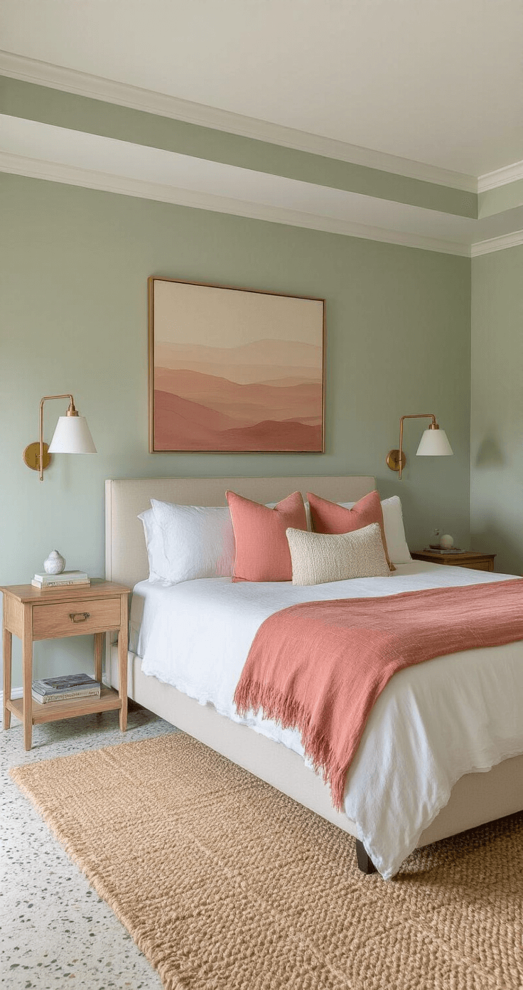 Modern Florida Home Interiors: A Sophisticated Coastal Design Revolution A spacious master bedroom with a tray ceiling, featuring soft sage green walls illuminated by early morning light. An ivory linen platform bed is adorned with a dusty coral throw and textured pillows. Brass sconces flank an abstract canvas in muted sunset tones above a jute rug layered over terrazzo flooring. The scene is shot from the door frame at eye level, highlighting the warm color palette.