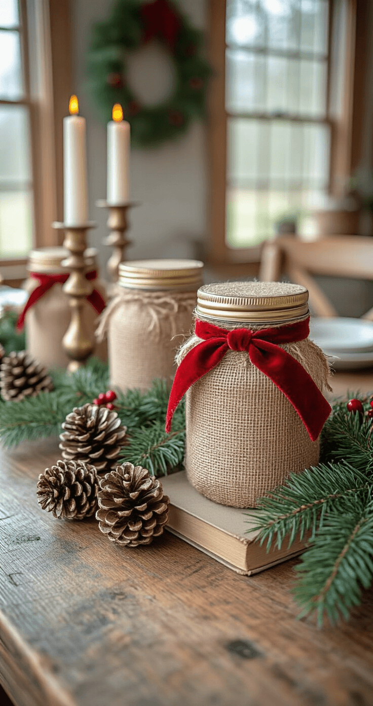 Magical Christmas Room Decor: Transform Your Space into a Festive Haven Close-up shot of budget-friendly DIY Christmas decorations on a rustic farmhouse table, featuring hand-crafted pinecone ornaments, burlap-wrapped mason jars, vintage books tied with twine and holly, thrifted brass candlesticks, and fresh evergreen branches, showcasing intricate details in afternoon natural light.