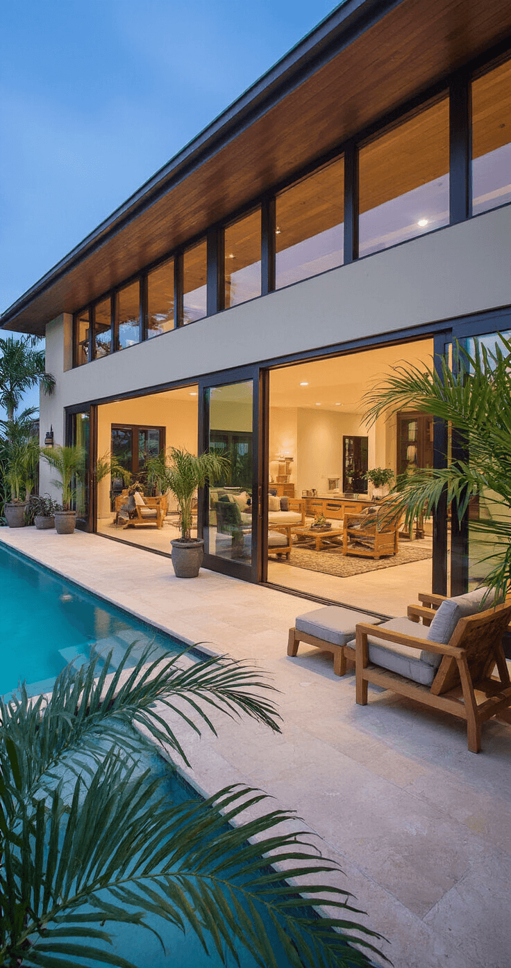 Modern Florida Home Interiors: A Sophisticated Coastal Design Revolution A serene indoor-outdoor sanctuary featuring a 30ft sliding glass wall that opens to a covered lanai, with continuous porcelain tile extending from the great room to the pool deck. Modern teak furniture groups harmoniously between the spaces, while potted palms elegantly frame the transitions. The image is captured at dusk, utilizing a blend of artificial and natural light to highlight the seamless merger of indoor and outdoor living.