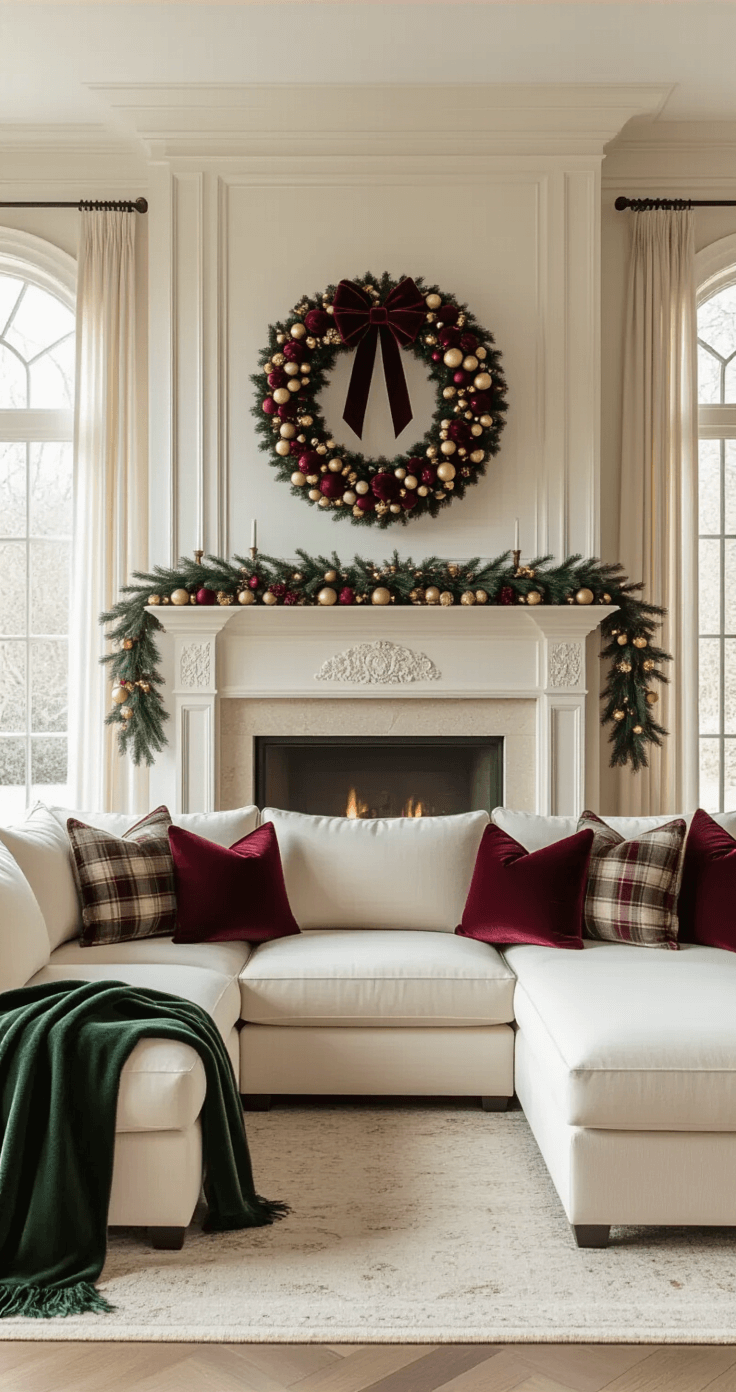 Magical Christmas Room Decor: Transform Your Space into a Festive Haven Elegant Christmas-decorated living room featuring a large wreath above a limestone fireplace, cream sectional sofa with festive throw pillows, and warm sunlight streaming through sheer curtains.