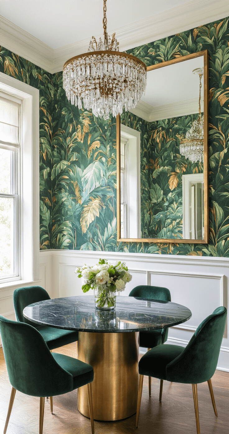 Modern Florida Home Interiors: A Sophisticated Coastal Design Revolution A dramatic dining room with emerald and gold tropical print wallpaper, a crystal chandelier casting shadows on a 10ft antiqued mirror, a black marble table with brass base surrounded by velvet chairs, all captured from a low angle to highlight the ceiling height and wallpaper pattern.