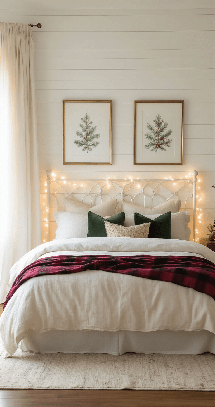 Magical Christmas Room Decor: Transform Your Space into a Festive Haven Serene bedroom with white shiplap walls and hardwood floors, featuring a queen bed with cream linen duvet and burgundy plaid throw, fairy lights on the headboard, watercolor Christmas artwork, and festive green and gold pillows, all illuminated by warm sunlight through gossamer curtains.