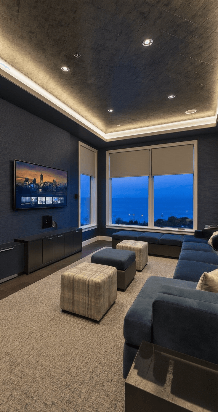 Modern Florida Home Interiors: A Sophisticated Coastal Design Revolution A luxurious media room featuring navy grasscloth walls, automated blackout shades, hidden surround sound, and metallic ceiling accents. The space includes a custom media cabinet, modular performance velvet seating, and is illuminated with controlled LED lighting for an evening ambiance.