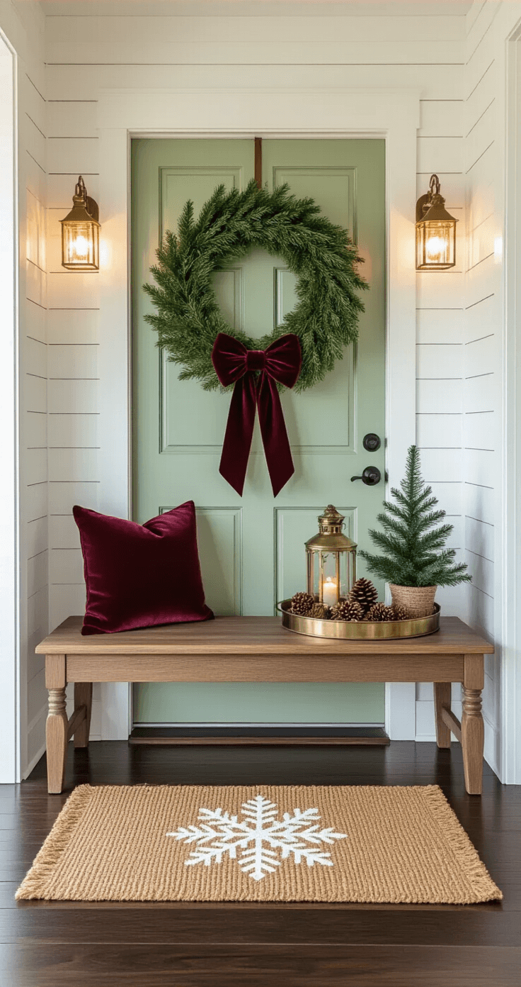 Magical Christmas Room Decor: Transform Your Space into a Festive Haven Welcoming entryway featuring a sage green front door adorned with a large evergreen wreath and burgundy bow, vintage wooden bench with decorative holiday accents, and a seasonal jute welcome mat, all bathed in warm lighting from string lights.