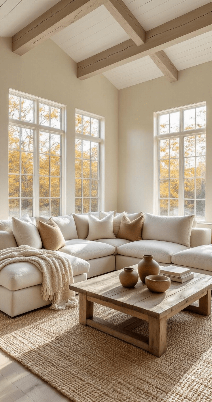 Neutral Fall Decor: Creating a Serene Autumn Sanctuary Photorealistic living room interior with vaulted ceilings, featuring a warm beige sectional, cozy pillows, reclaimed wood coffee table, and jute rug, all illuminated by golden hour sunlight.