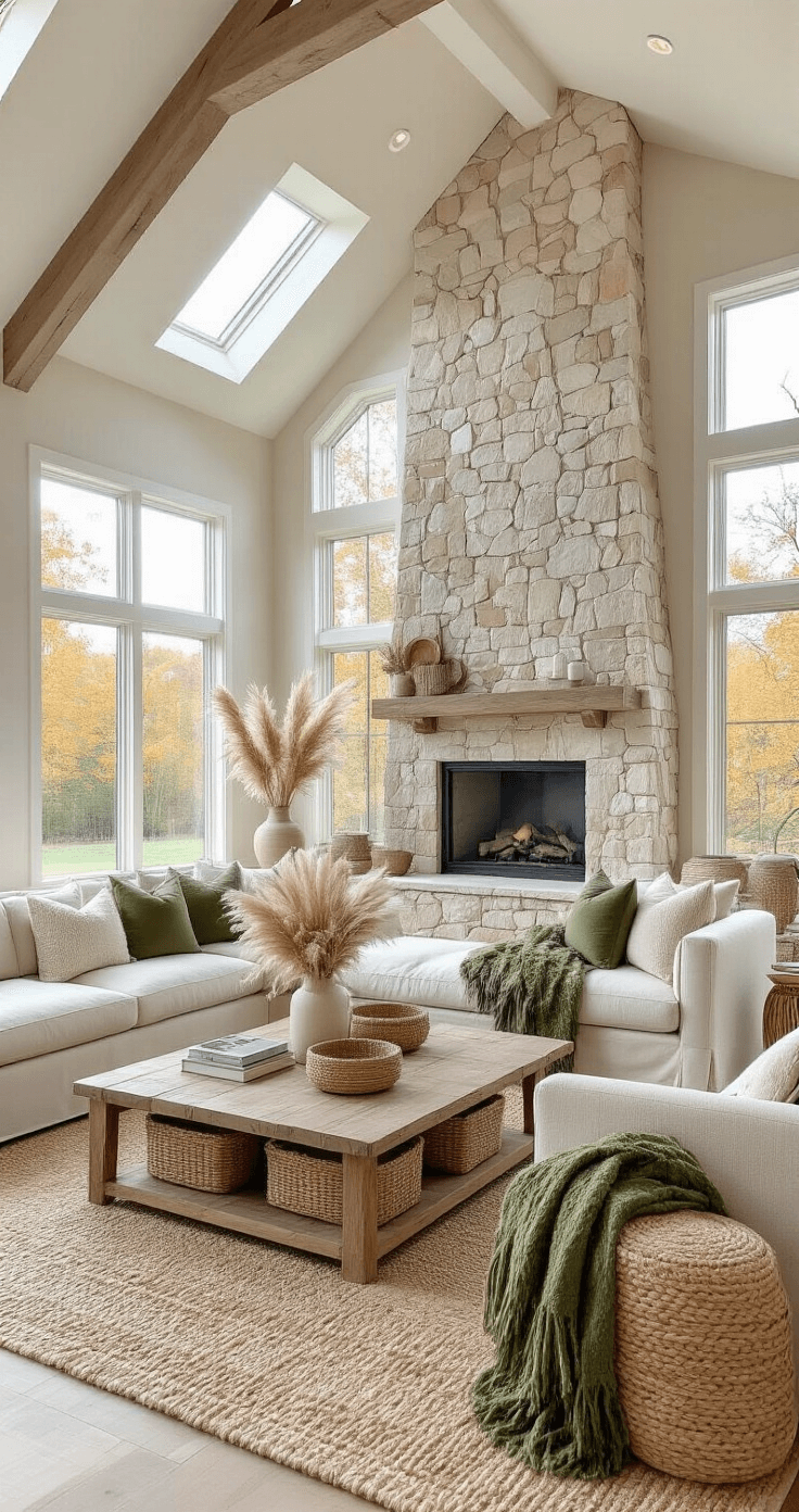 Neutral Fall Decor: Creating a Serene Autumn Sanctuary A beautifully styled open-concept living room with cathedral ceilings, featuring a cream linen sofa adorned with taupe, sage, and ivory textured pillows, an olive green chunky knit throw, and a natural jute rug. A reclaimed wood coffee table centers the seating area, surrounded by woven baskets and pampas grass arrangements in ceramic vessels, all illuminated by soft morning light from clerestory windows. The image showcases professional autumn styling with an emphasis on texture and color gradation.