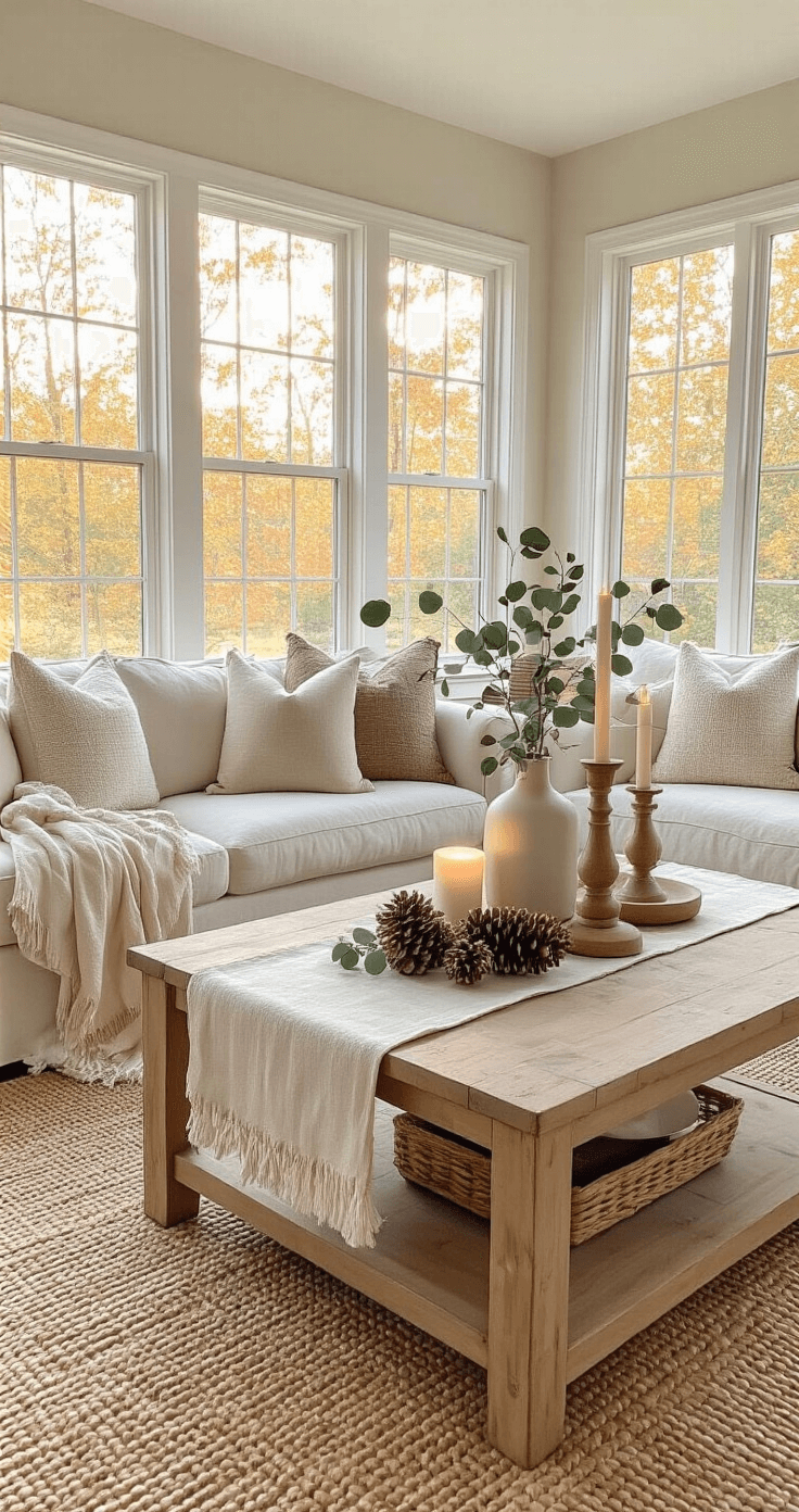 Neutral Fall Decor: Creating a Serene Autumn Sanctuary Budget-friendly living room transformation in a compact 10x12 foot space featuring neutral fall decor. Afternoon sunlight highlights updated furniture with a natural linen table runner, pine cones, and eucalyptus on the coffee table. Cream and taupe pillow covers refresh seating, while ceramic and wood candle holders add cozy lighting. Seasonal vignettes enhance the warm ambiance.