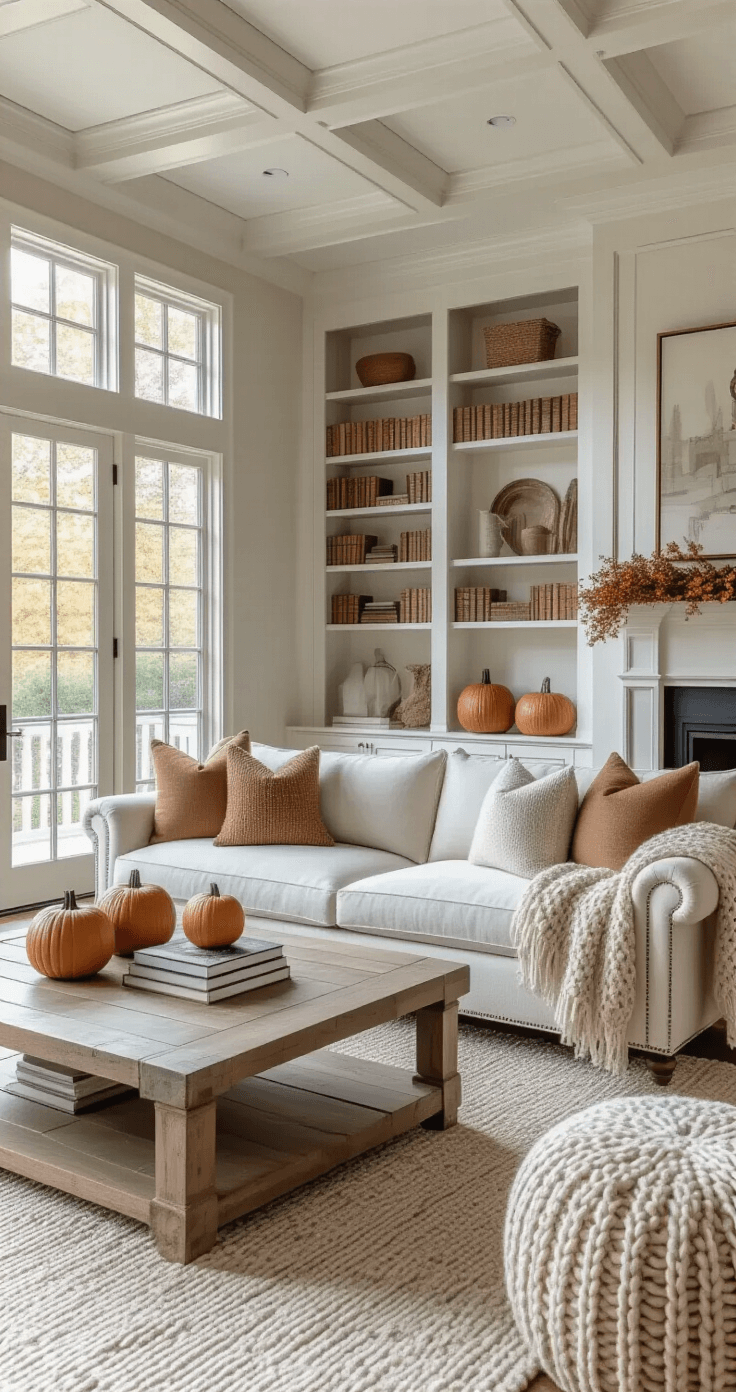 Neutral Fall Decor: Creating a Serene Autumn Sanctuary Sophisticated living room featuring a well-proportioned 14x16 foot space with coffered ceiling and built-in bookshelves, balanced lighting, minimalist autumn decor including a chunky knit throw and coordinating pillows, traditional furniture updated with subtle seasonal touches, and natural elements like wood and a ceramic pumpkin, all captured from a corner perspective.