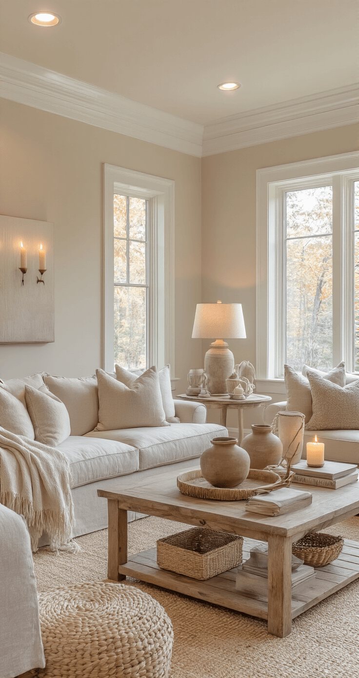 Neutral Fall Decor: Creating a Serene Autumn Sanctuary Expertly lit autumn living room with warm-toned LED fixtures, ambient table lamps, and flickering candle holders, featuring a cream and taupe color scheme, tray ceiling, and strategic lighting showcasing textured fabrics and natural materials.
