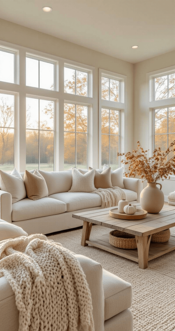 Neutral Fall Decor: Creating a Serene Autumn Sanctuary A spacious neutral fall living room with panoramic windows, featuring soft light during golden hour, minimal seasonal decor, and a palette of cream, beige, and taupe, showcasing textures like linen and natural wood for a cozy autumn atmosphere.