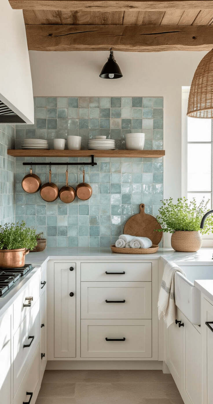Coastal Kitchen Backsplash Ideas: Bringing the Beach to Your Culinary Space A cozy corner of a modern coastal kitchen in the early morning, featuring handcrafted sea salt zellige tiles, matte black hardware, a copper pot rack, and a rattan pendant light casting shadows. The scene is styled with potted herbs, linen towels, and sea glass, highlighting the texture of the tiles in soft morning light.