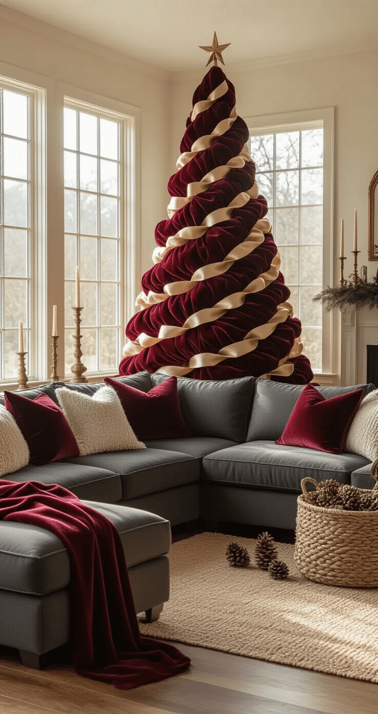 Ribbon Christmas Trees: The Ultimate DIY Guide to Festive Home Decor Cozy living room featuring a luxurious ribbon Christmas tree with burgundy and champagne ribbons, a charcoal sectional sofa, and warm hardwood floors, illuminated by golden hour light.