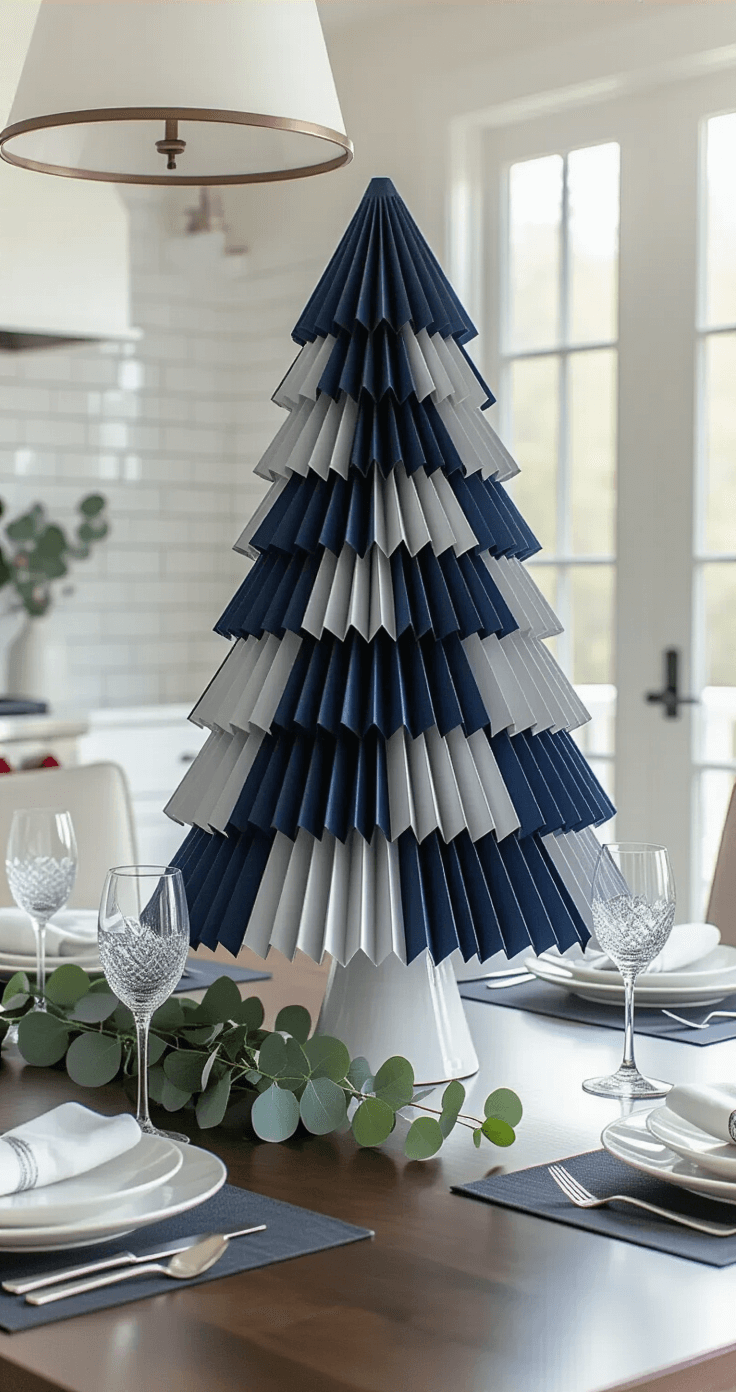 Ribbon Christmas Trees: The Ultimate DIY Guide to Festive Home Decor Modern dining room with a sophisticated ribbon tree centerpiece on a dark walnut table, featuring a marble pedestal, surrounded by crystal stemware and white dinnerware. Bright morning light floods the open space with white subway tiles, showcasing a monochromatic palette of navy, silver, and white.