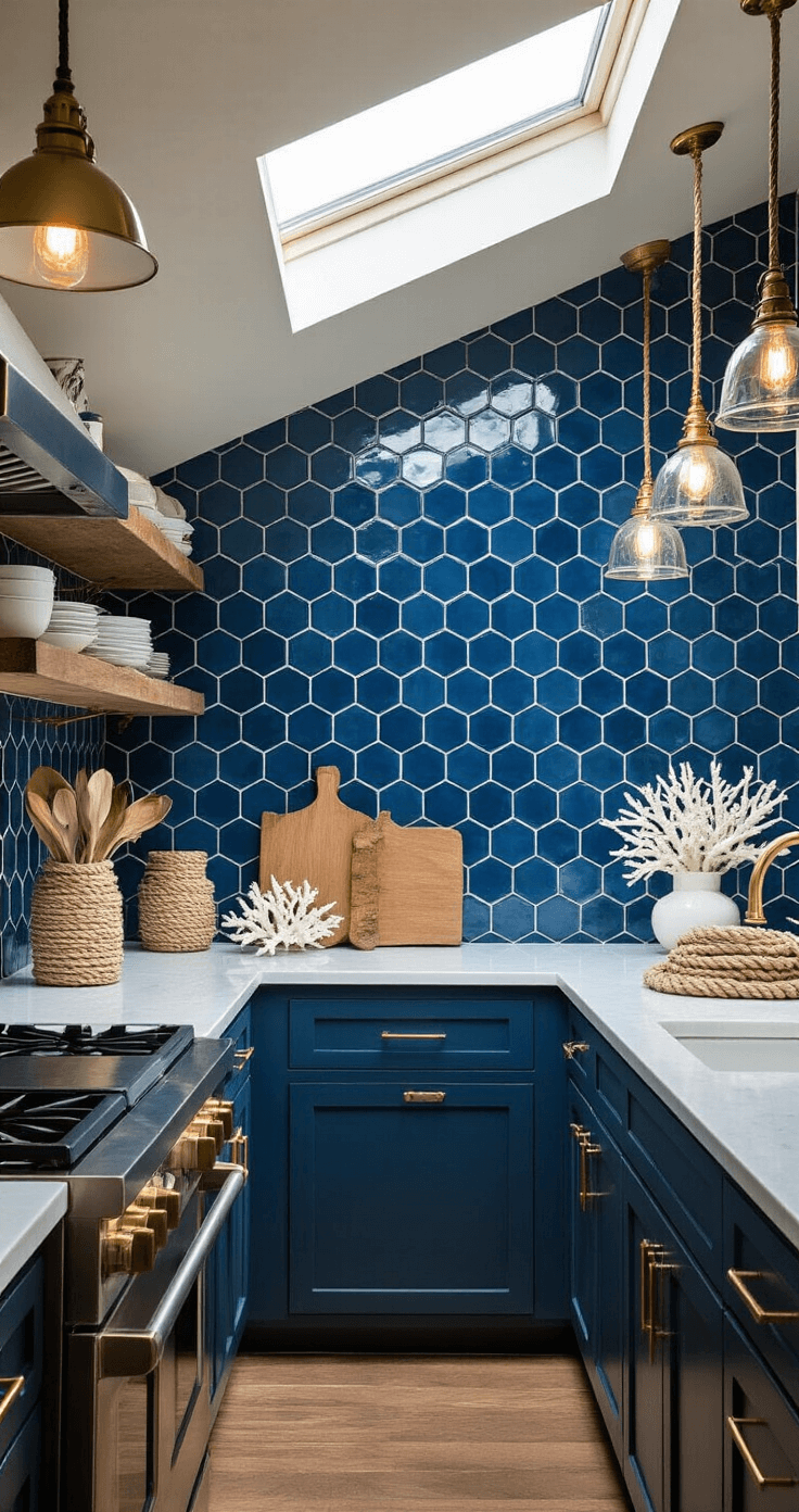 Coastal Kitchen Backsplash Ideas: Bringing the Beach to Your Culinary Space A cozy galley kitchen featuring a nautical blue hexagonal tile backsplash with white grout, bright natural light from a skylight, white quartz countertops, brass fixtures, and vintage nautical decor, photographed from end-to-end for maximum detail.