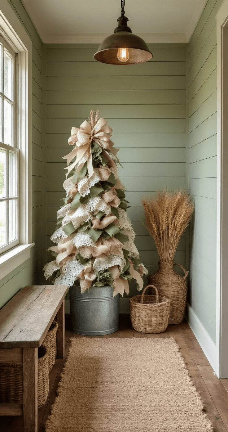 Ribbon Christmas Trees: The Ultimate DIY Guide to Festive Home Decor Rustic farmhouse entryway featuring a charming ribbon tree arrangement in a galvanized bucket, warm afternoon lighting from a vintage pendant lamp, shiplap walls painted sage green, reclaimed barn wood flooring, and cozy decor elements like a distressed wooden bench and woven baskets.