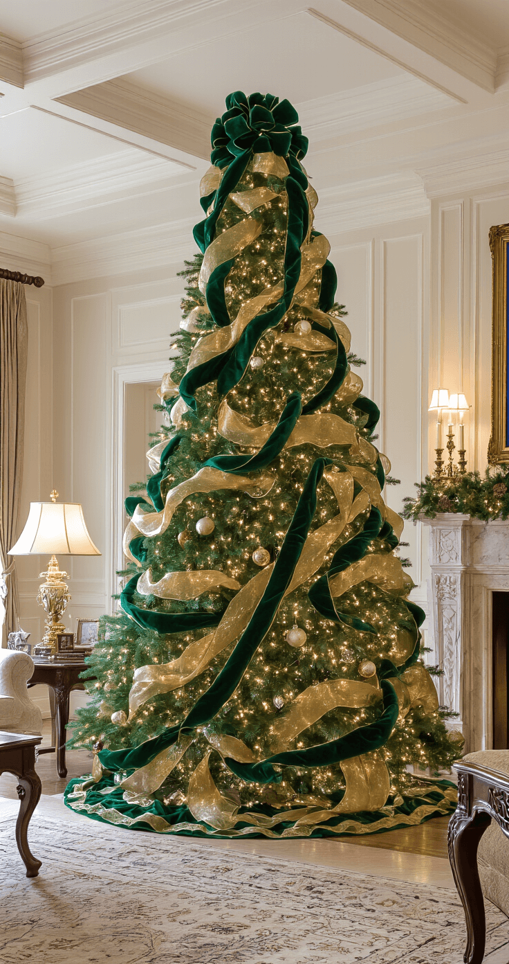 Ribbon Christmas Trees: The Ultimate DIY Guide to Festive Home Decor Elegant formal living room with a ribbon-decorated Christmas tree, coffered ceilings, marble fireplace, and opulent furnishings in a sophisticated palette of emerald green, antique gold, and ivory.