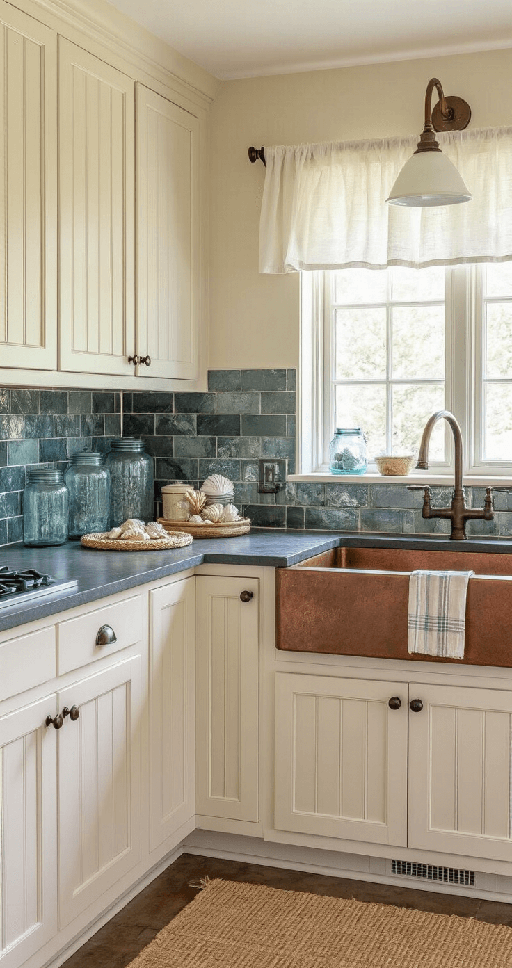 Coastal Kitchen Backsplash Ideas: Bringing the Beach to Your Culinary Space L-shaped kitchen corner featuring slate-look tiles with sea glass mosaic inserts, cream-colored beadboard cabinets, a copper farmhouse sink under a sheer linen-draped window, vintage blue mason jars, woven placemats, and shell collections, all beautifully illuminated by morning light and recessed lighting.
