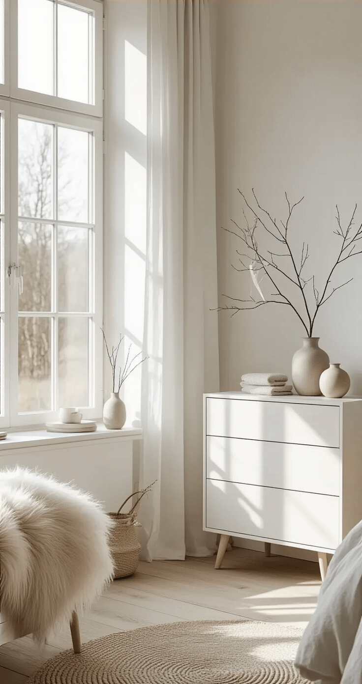 Ribbon Christmas Trees: The Ultimate DIY Guide to Festive Home Decor A serene Scandinavian-inspired bedroom corner with a minimalist ribbon tree display featuring simple white and pale gray ribbons, positioned beside a modern white dresser on white-washed pine floors. Natural morning light highlights clean shadows and the uncluttered decor, including a sheepskin throw, ceramic vases, and single-stem branches, all in a neutral palette of whites, pale grays, and natural wood tones.