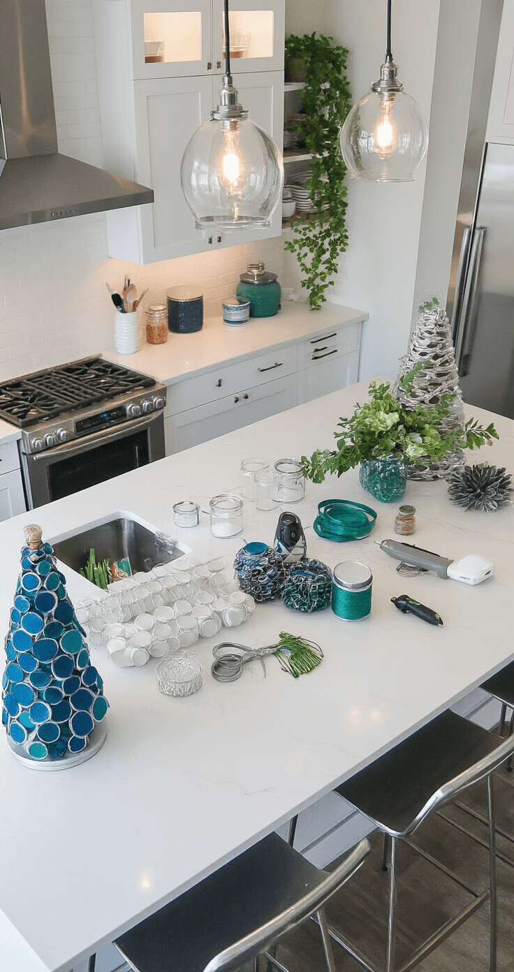 Ribbon Christmas Trees: The Ultimate DIY Guide to Festive Home Decor A contemporary kitchen island with white quartz countertops features a DIY ribbon tree creation setup, including foam cones and jewel-toned ribbons, under bright pendant lighting. The workspace is organized with styling tools and glass containers, showcasing a vibrant color palette of sapphire blue, emerald green, and silver accents amid a sleek modern design.
