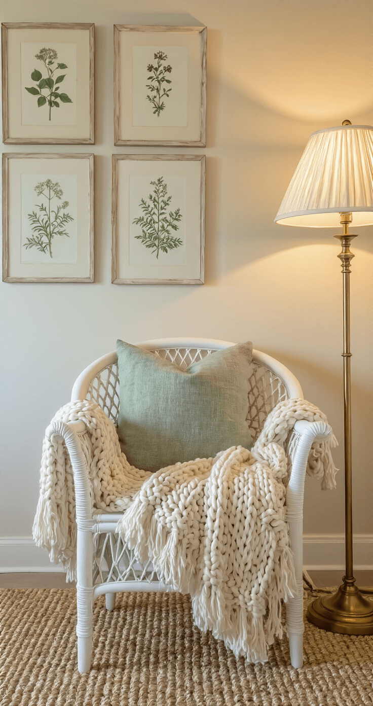 Coastal Granddaughter Bedroom: Your Ultimate Style Guide to Breezy, Chic Comfort A cozy coastal bedroom corner at golden hour featuring a weathered white spindle chair with a chunky knit throw, a brass floor lamp with a pleated shade, and a gallery wall of vintage botanical prints in whitewashed frames, all set against a sisal carpet. The low angle shot emphasizes verticality and dramatic shadows, highlighting cream, brass, and sage green tones.