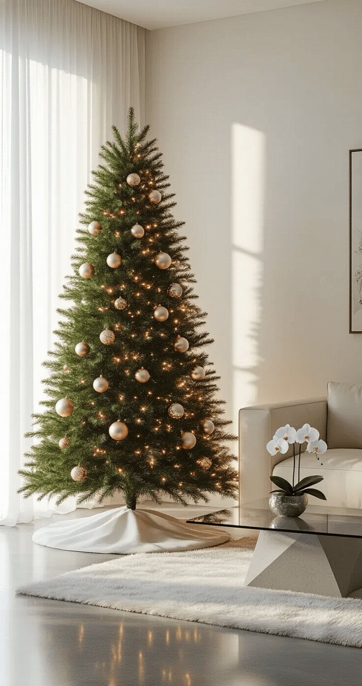 Crafting the Perfect Aesthetic Christmas Tree: A Stylish Home Decor Guide A modern minimalist living room features a 9-foot Fraser fir Christmas tree adorned with silver and rose gold baubles, illuminated by warm white LED lights, beside floor-to-ceiling windows draped in sheer white curtains. The space includes a cream leather sectional sofa, a glass coffee table with a single white orchid, and polished concrete floors reflecting the festive glow.