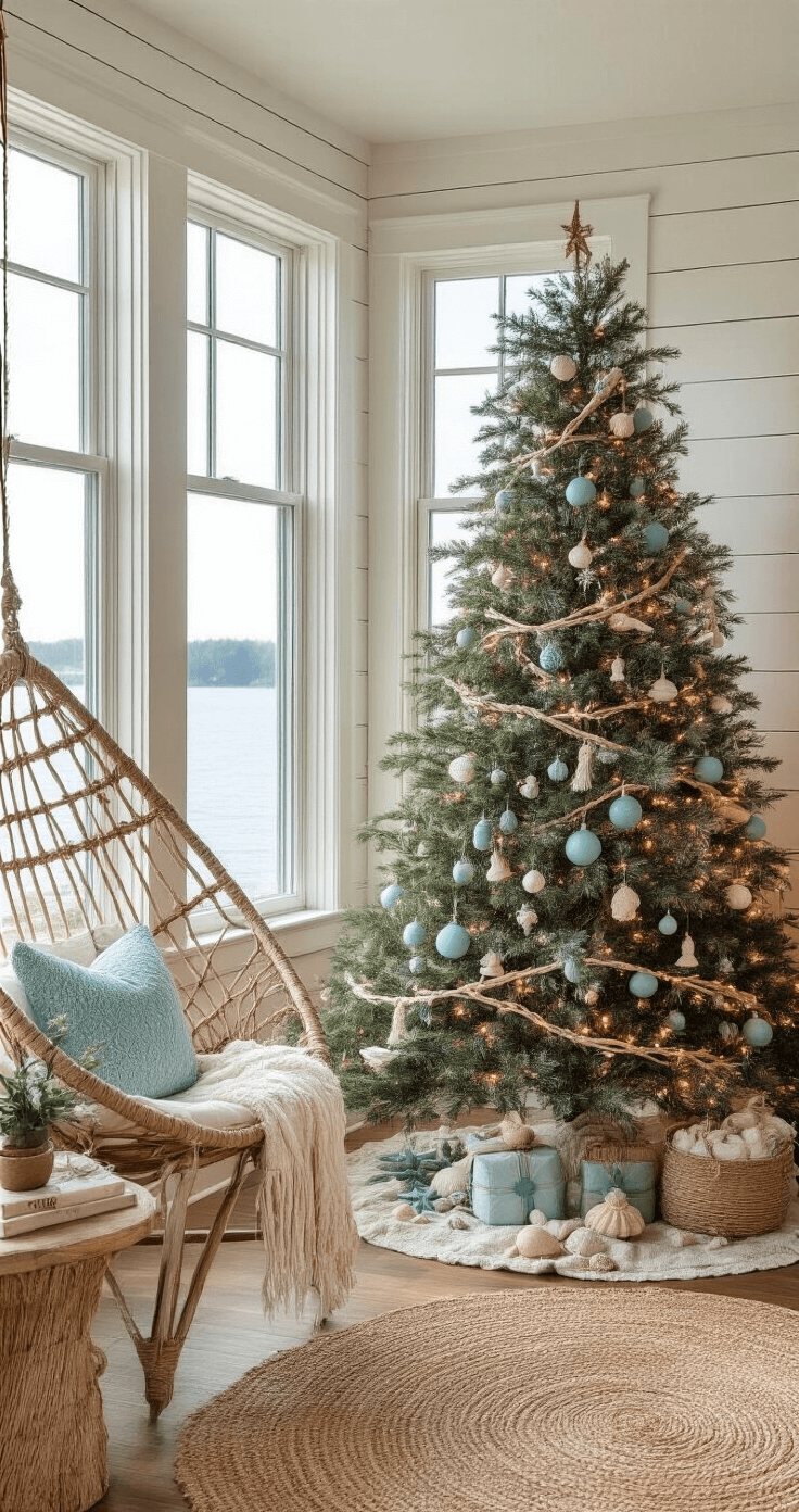Crafting the Perfect Aesthetic Christmas Tree: A Stylish Home Decor Guide Coastal boho family room with a noble fir Christmas tree decorated in sea-inspired colors, large bay windows, and organic textures.