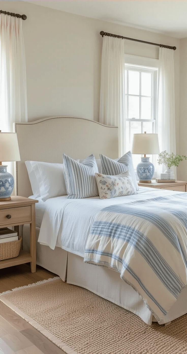 Coastal Granddaughter Bedroom: Your Ultimate Style Guide to Breezy, Chic Comfort Wide-angle view of a serene midday bedroom featuring a queen bed with an oatmeal linen headboard, layered with soft blue and white pillows. Matching nightstands with ceramic lamps flank the bed, while sheer white curtains filter daylight, showcasing natural woods and coastal accents.