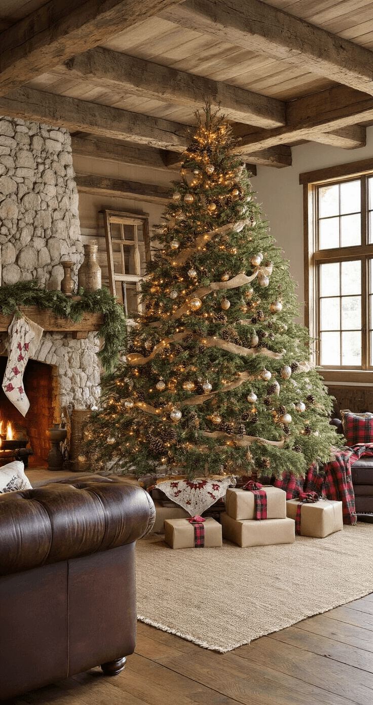 Crafting the Perfect Aesthetic Christmas Tree: A Stylish Home Decor Guide Rustic farmhouse great room featuring exposed wooden beams, a stone fireplace, an 8-foot Douglas fir Christmas tree adorned with vintage ornaments and warm string lights, a reclaimed barn wood mantel with evergreen garland, a distressed leather Chesterfield sofa, and cozy vintage decor, all illuminated by late afternoon light.