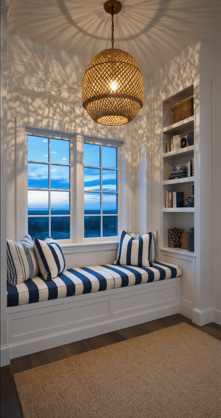 Coastal Granddaughter Bedroom: Your Ultimate Style Guide to Breezy, Chic Comfort Dramatic dusk scene of a coastal bedroom's window nook featuring a built-in window seat with striped cushions, floor-to-ceiling soft white bookshelves, and a rattan pendant casting intricate shadows, all illuminated by moody blue hour light in a navy and cream palette with brass accents.
