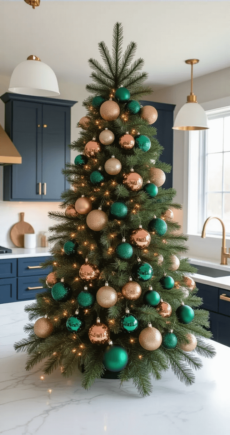 Crafting the Perfect Aesthetic Christmas Tree: A Stylish Home Decor Guide A contemporary kitchen scene with a 6-foot balsam fir on a marble island, half-decorated to showcase ornament layering techniques; deep emerald and copper statement ornaments on lower branches, medium-sized baubles in complementary tones, and tiny metallic accents near tips, all illuminated by warm white LED lights. The modern backdrop features white quartz countertops, navy blue cabinets, and brass hardware, captured at tabletop level for detailed visibility.