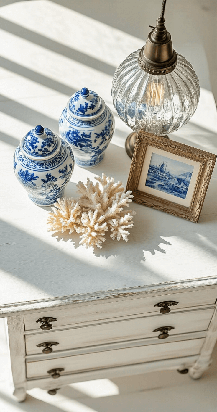 Coastal Granddaughter Bedroom: Your Ultimate Style Guide to Breezy, Chic Comfort Overhead view of a whitewashed wooden dresser top featuring vintage blue and white ginger jars, coral specimens, weathered picture frames, and a mercury glass lamp, illuminated by natural light that casts long shadows, highlighting intricate pottery patterns and textures.