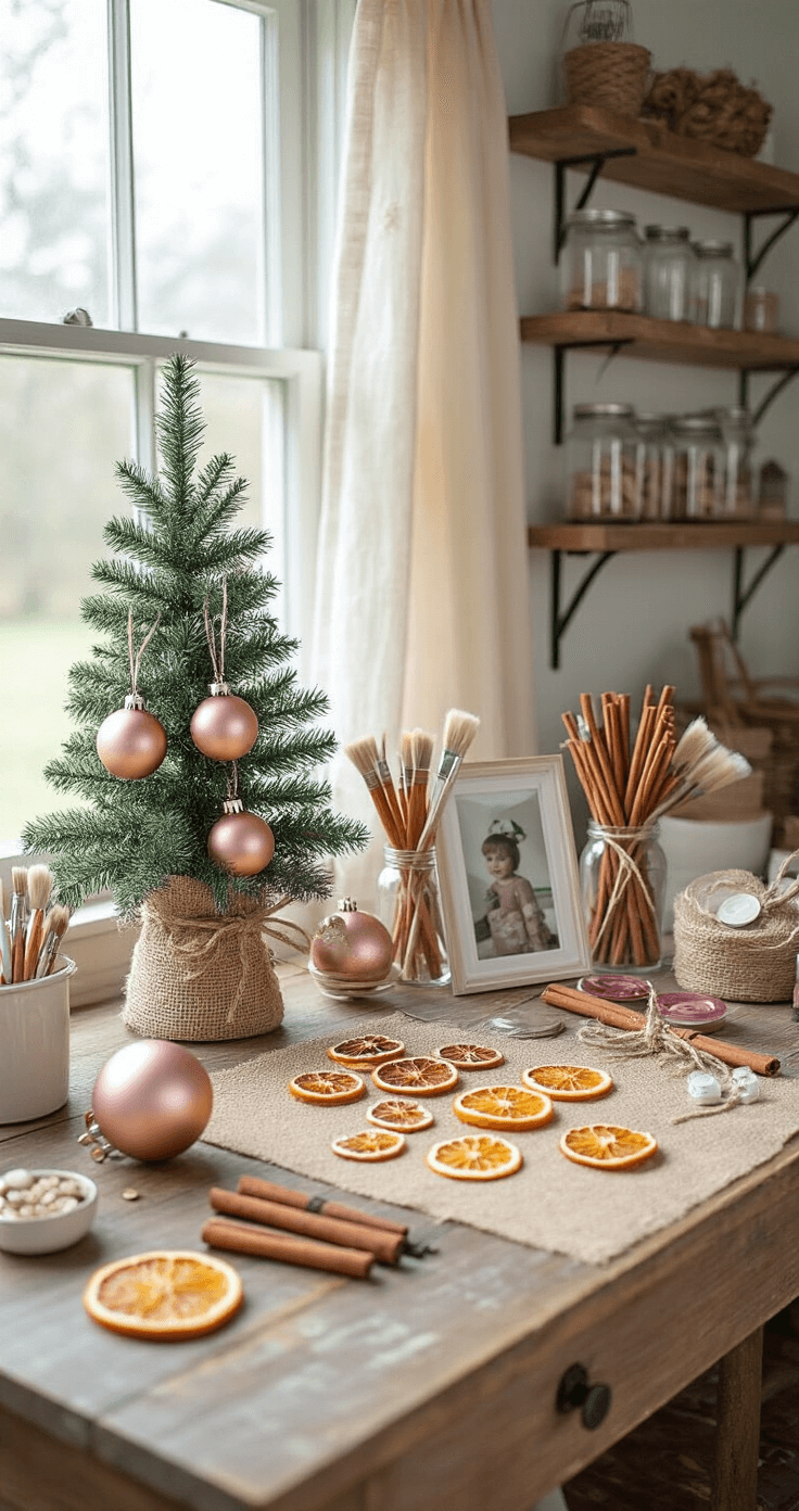 Crafting the Perfect Aesthetic Christmas Tree: A Stylish Home Decor Guide Charming DIY craft corner with a vintage farmhouse table displaying handmade ornament supplies, including rose gold spray-painted glass baubles, dried orange slices on twine, cinnamon stick bundles with velvet ribbon, and family photos in clear acrylic frames, illuminated by natural light from a nearby window, with floating shelves of mason jars, and a small Christmas tree showcasing new creations.