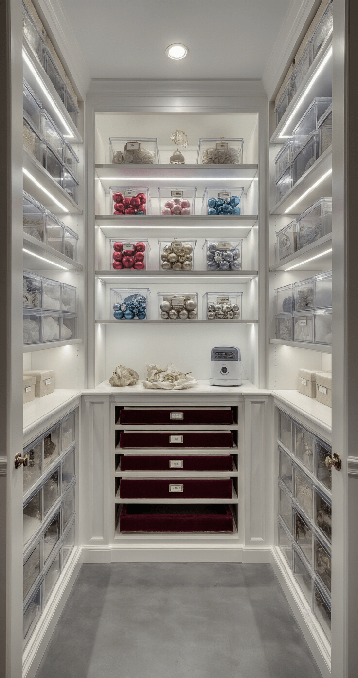 Crafting the Perfect Aesthetic Christmas Tree: A Stylish Home Decor Guide Elegant storage room with built-in shelving displaying organized ornament storage containers by color and style, including vintage pieces in tissue paper nests and larger items in padded dividers, illuminated by LED strip lighting, featuring labels, a rolling ladder, climate control elements, and a central island for ribbon and accessories.