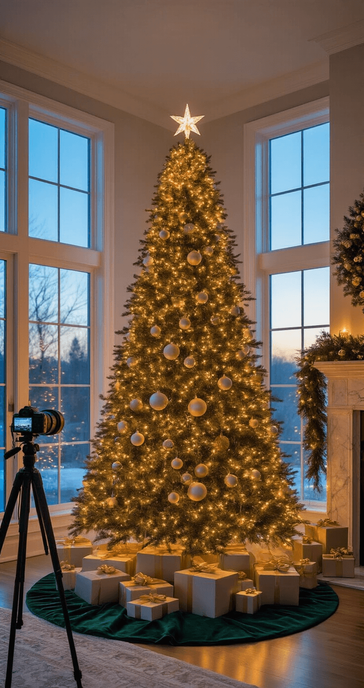Crafting the Perfect Aesthetic Christmas Tree: A Stylish Home Decor Guide A beautifully styled living room featuring an 8-foot Fraser fir Christmas tree adorned with warm white lights and elegant ornaments in champagne, ivory, and soft gold. The twilight glow streams through large windows, reflecting off the tree and surrounding decor, including a marble fireplace mantel draped with garland and coordinating wreaths. A plush deep forest green tree skirt, strategically placed gift boxes, and a camera on a tripod with ring lights contribute to the Instagram-worthy holiday ambiance.
