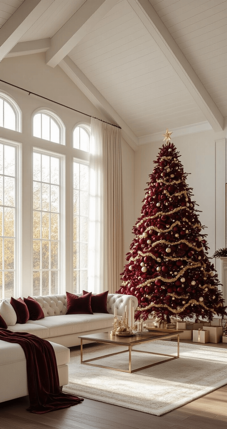 Burgundy Christmas Tree Decor: A Luxurious Holiday Transformation Photorealistic living room with a sophisticated burgundy Christmas tree, vaulted white beam ceiling, and sunlight streaming through sheer curtains, highlighting elegant velvet and crystal ornaments, a cream Persian rug, ivory velvet sofa, and mahogany coffee table in a warm, festive atmosphere.