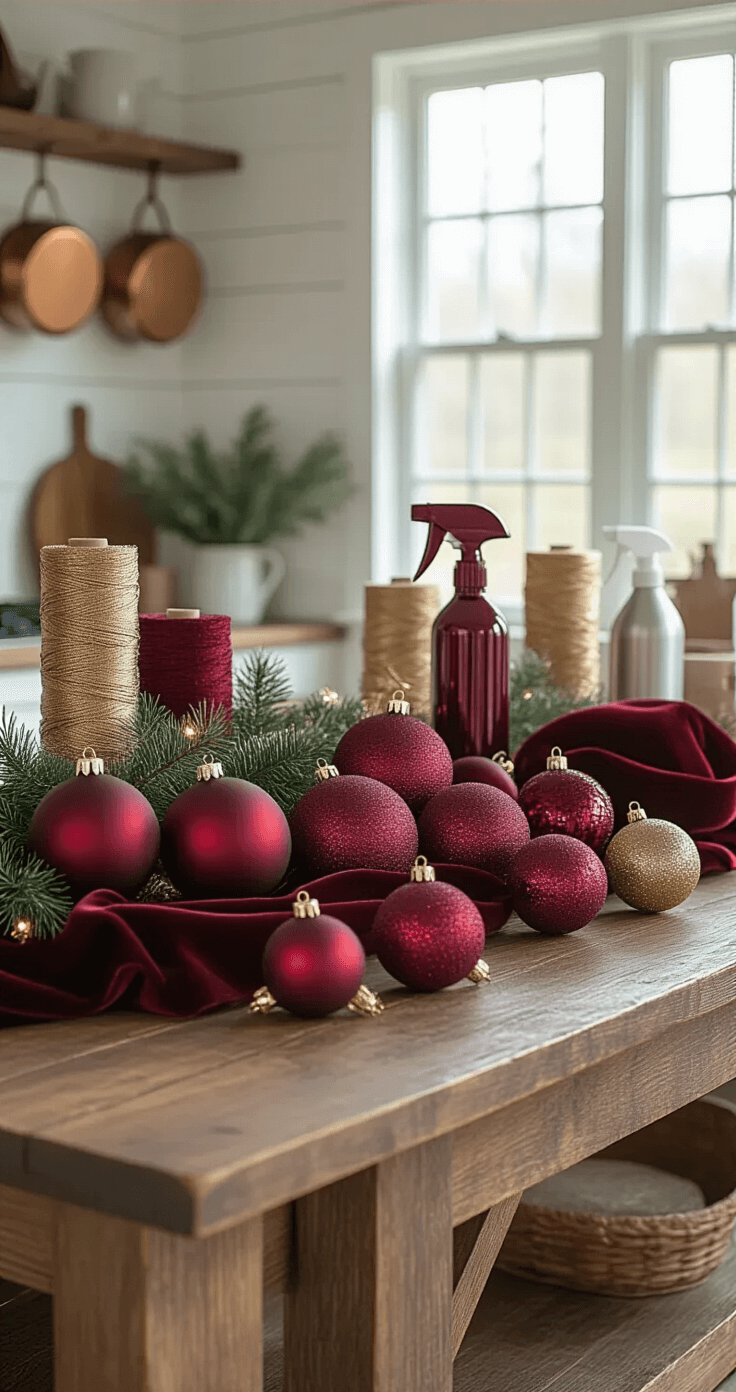 Burgundy Christmas Tree Decor: A Luxurious Holiday Transformation Professional interior photography of burgundy Christmas decorating supplies arranged on a rustic farmhouse table, featuring velvet ornaments, champagne gold garland, crystal ornaments, satin ribbon, and metallic spray bottles, illuminated by natural light with dramatic shadows in a cozy crafting atmosphere.