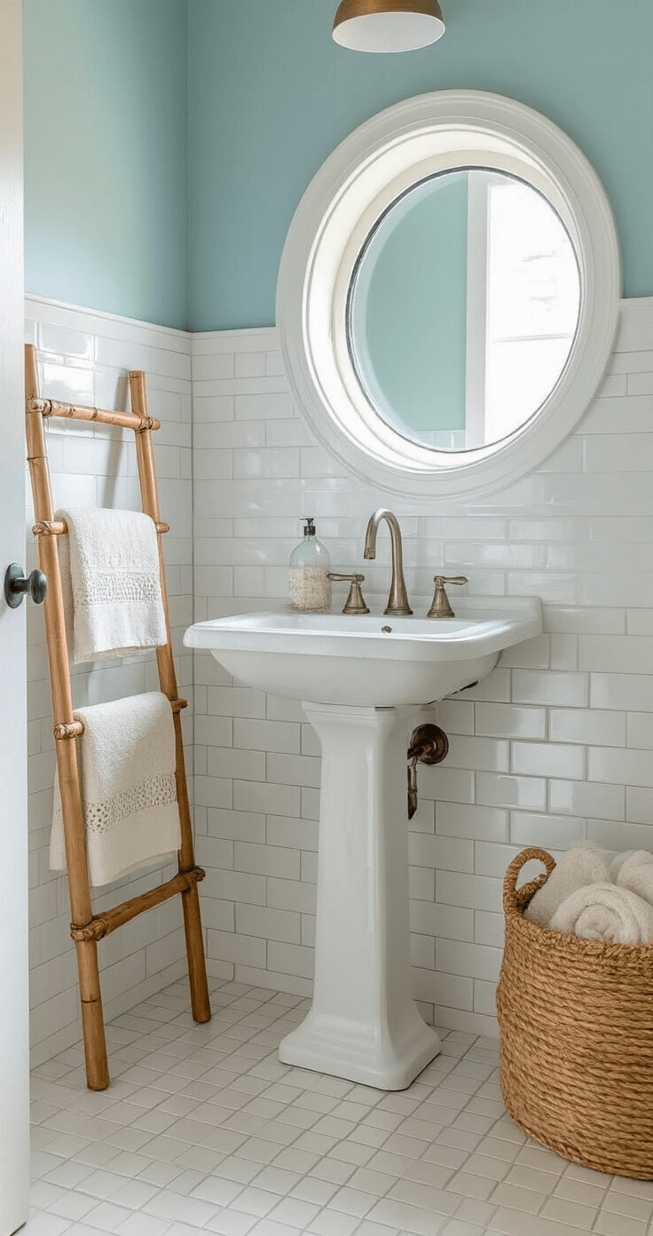 Creating a Dreamy Small Coastal Bathroom: Your Ultimate Design Guide Intimate ensuite bathroom featuring floor-to-ceiling white subway tile and pale blue upper walls, with a low-angle view highlighting a freestanding pedestal sink and bamboo ladder towel rack. A circular porthole window adds charm, while vintage glass fishing floats, a woven palm basket, and Turkish cotton towels in sands shades enhance the decor. Soft shadows are cast by diffused natural light, accentuating the 8ft ceiling height and vertical lines.