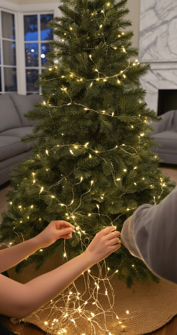 Burgundy Christmas Tree Decor: A Luxurious Holiday Transformation Close-up of hands weaving warm white LED fairy lights through fresh evergreen branches of a 7-foot Noble fir Christmas tree in a cozy family room, with rich forest green needles and a warm golden glow from the lights. A woven jute tree skirt and a gray sectional sofa are visible, along with organized light strands on hardwood floors, capturing the intimate and methodical decoration process.
