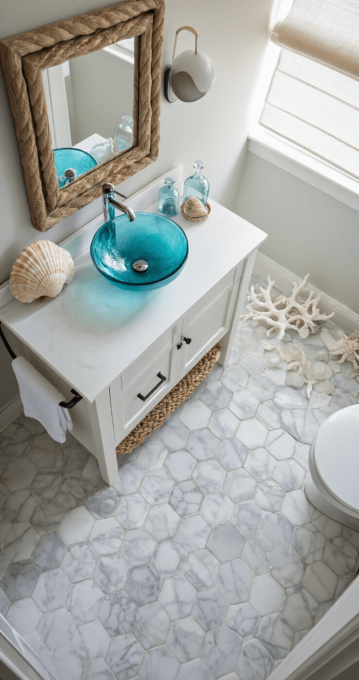 Creating a Dreamy Small Coastal Bathroom: Your Ultimate Design Guide Overhead view of a compact 6x6ft bathroom with hexagonal white and pale gray marble floor tiles, a modern white vanity with a blue glass vessel sink, and a driftwood-framed mirror, styled with shells under glass cloches, twisted rope elements, and white coral, all illuminated by cool morning light through a linen roman shade.