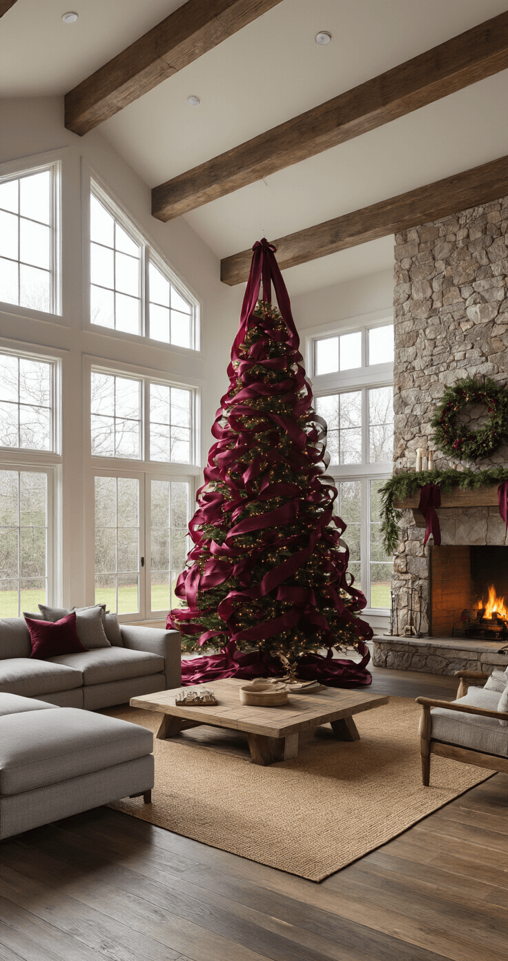 Burgundy Christmas Tree Decor: A Luxurious Holiday Transformation A spacious great room with 20-foot cathedral ceilings showcases a 12-foot burgundy Christmas tree decorated with flowing satin ribbons, beside a stone fireplace. Late afternoon sunlight highlights the rich textures of the ribbons against dark green evergreen needles, with modern farmhouse furniture in the background.